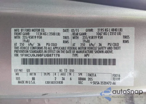 2015 Ford Escape Titanium из США, поврежденный, VIN 1FMCU9J98FUB87178